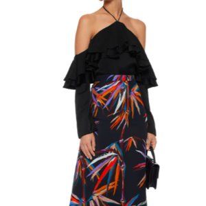 EMILIO PUCCI Cold-shoulder ruffled satin-crepe top